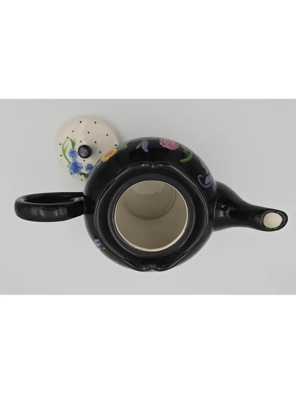 Vintage Bella Casa Ganz Black Floral Teapot Hand Painted w/ Original Sticker